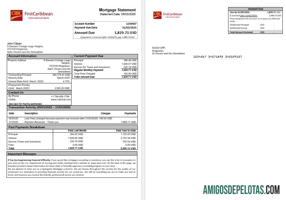 Declaração de hipoteca do primeiro banco internacional do Caribe de São Vicente e Granadinas em Word e PDF para amostra